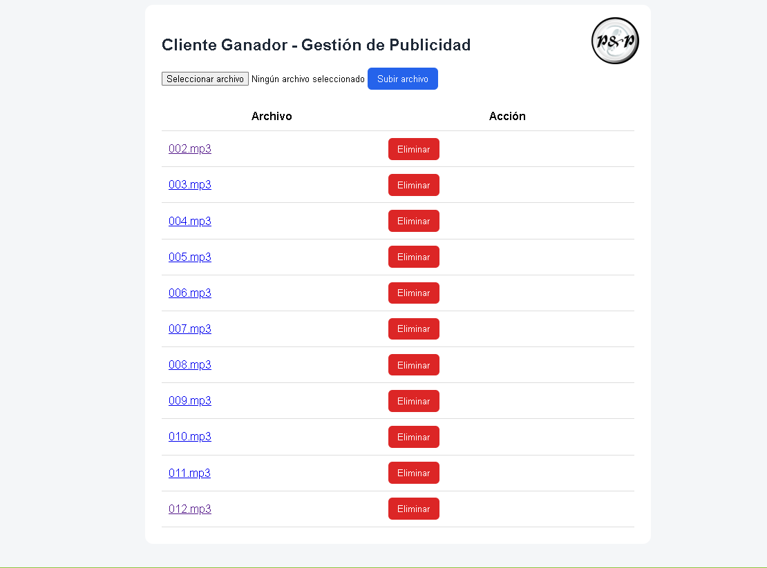 Captura de Cliente Ganador con la interfaz de carga y listado de archivos de audio